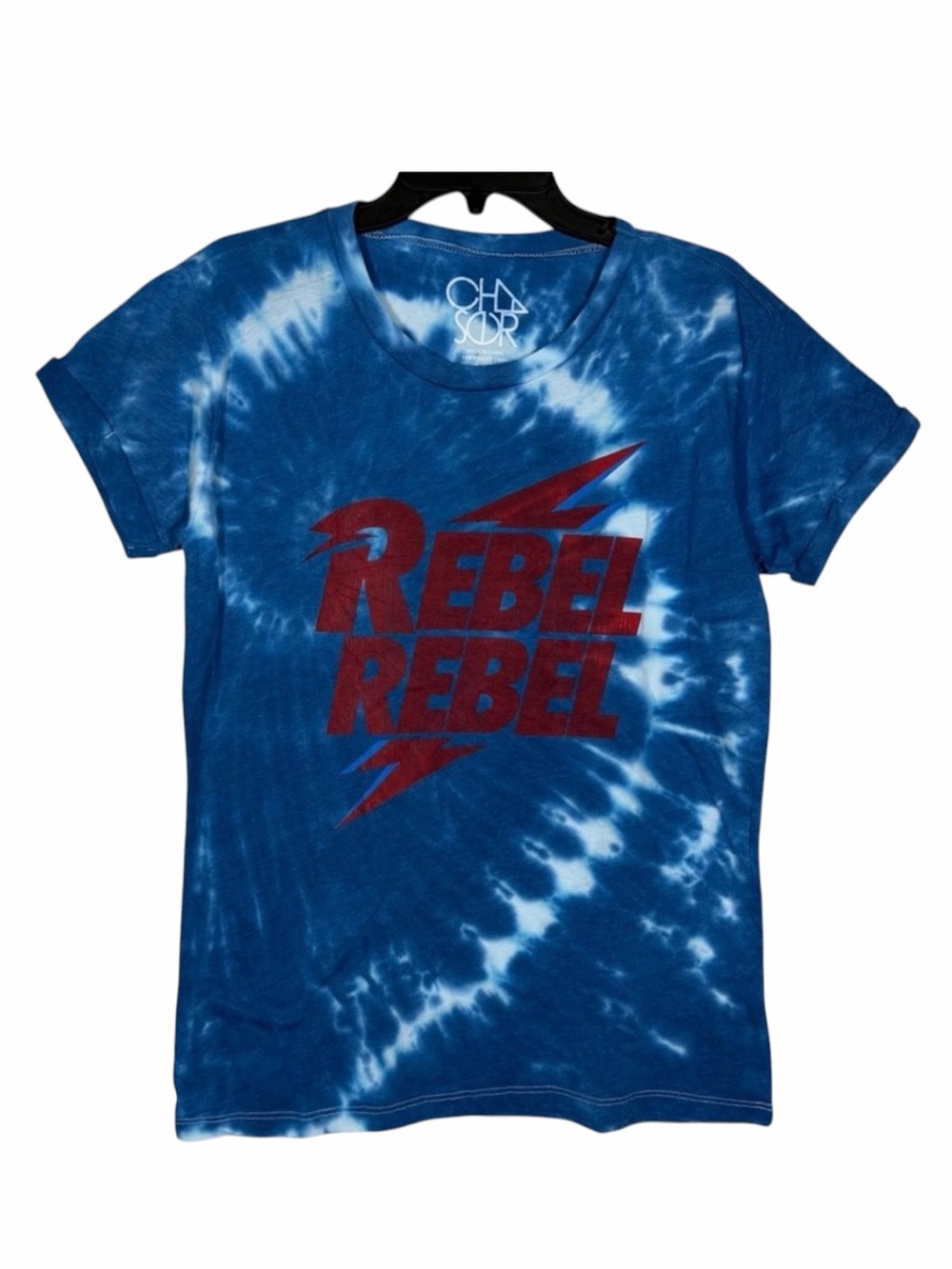Chaser NWT Blue & White Tie-Dye David Bowie W/Red Rebel Rebel T-Shirt, Size XS.
